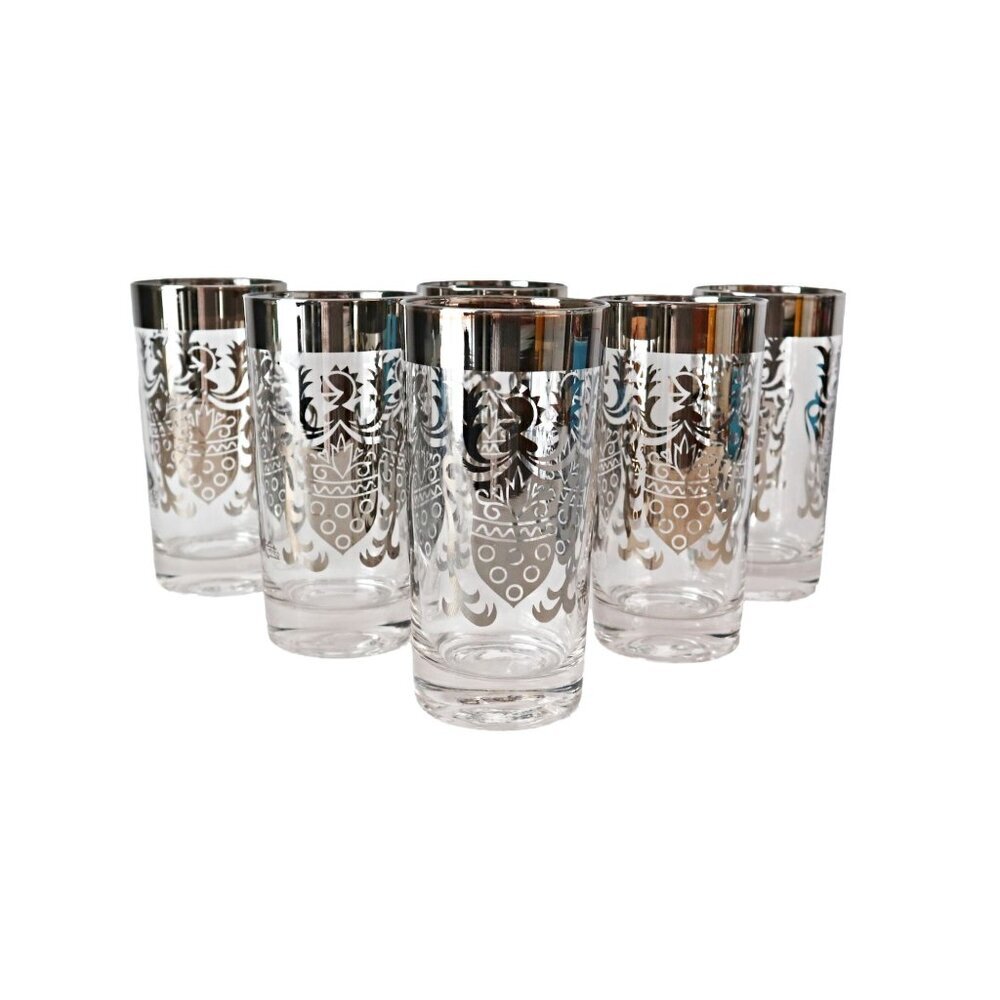 6 Vintage Kimiko Signed Silver High Ball Glasses Barware MCM Mid Century